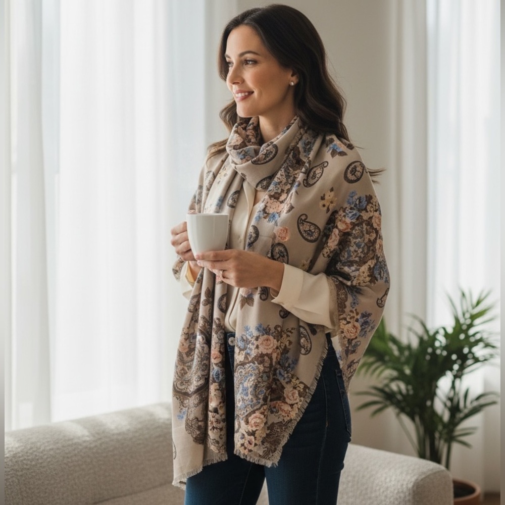 Neutral Paisley & Floral Scarf